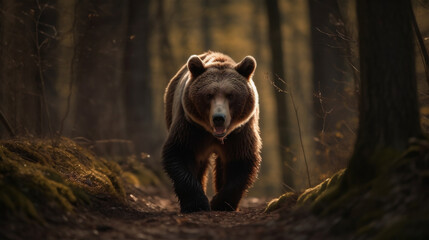 Brown bear wandering in the forest woods, generative AI