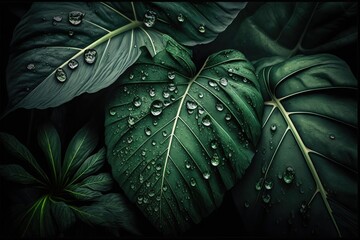 tropical leaves with water drops