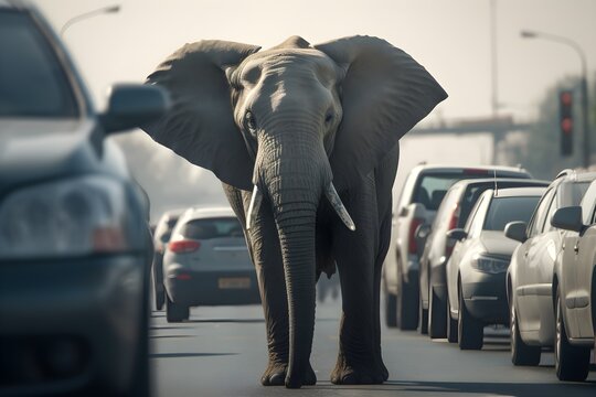 Huge elephant follows street in traffic jam