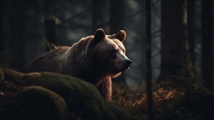 Brown bear wandering in the forest woods, generative AI