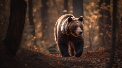 Brown bear wandering in the forest woods, generative AI