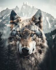 A stunning, ultra-realistic double exposure illustration of a majestic mountain range overlaid with the face of a wolf