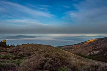 Sunrise view of La Palma and La Gomera from Tenerife, up on the Volcano of Mount Teide