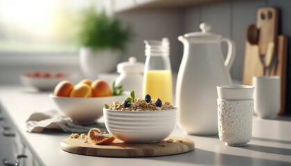 Comfortable spacious modern kitchen. White colors. Breakfast time sunlight indoor background. Cozy interior. AI generative image.