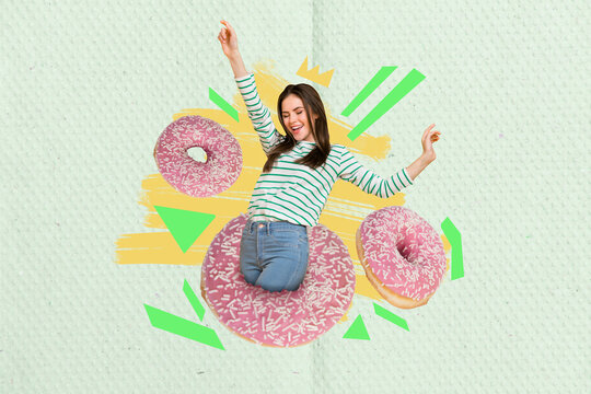 Creative design billboard advertisement of young girl with crown princess eat hungry junk glazed pink donuts isolated on green background