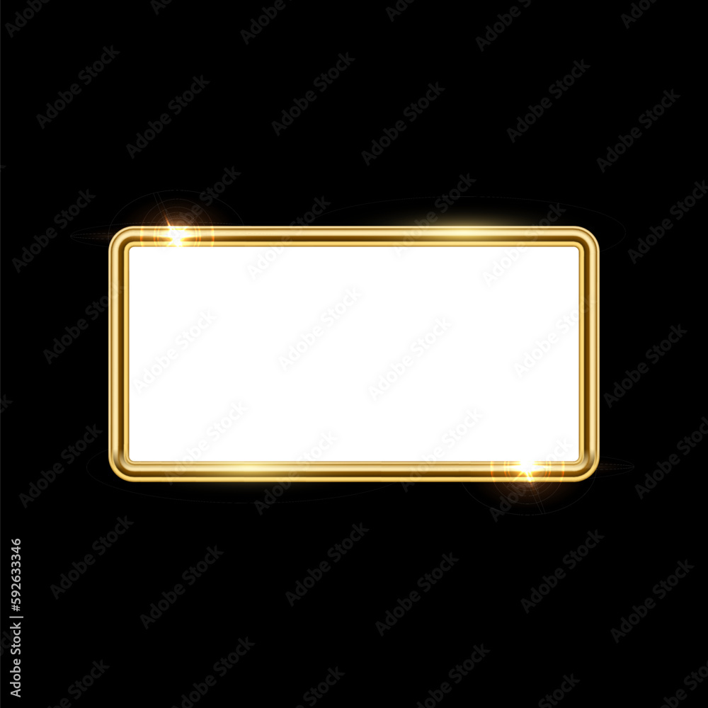 Poster 3d plate button of rectangle shape with golden frame vector illustration. realistic isolated website