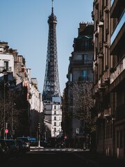 Fototapeta premium Vertical shot of the Eiffel tower behind buildings