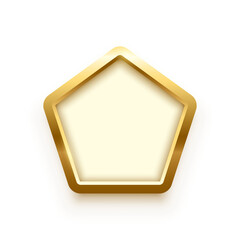 3d plate button of pentagon shape with golden frame vector illustration. Realistic isolated website element, golden glossy label for game UI, badge of navigation menu with shiny light effect on border