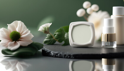 Obraz na płótnie Canvas Organic cosmetic beauty cream product with green leaves and white flowers. Eco body care moisturizer on abstract background with copy space. AI generative image.