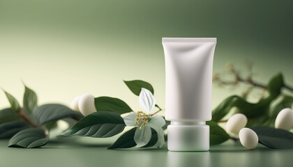 Beauty skincare cream in empty clean tube mockup on green leaves background, organic cosmetic product. Horizontal background with copy space. AI generative image.