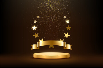 Gold podium with luxury award and falling golden glitter, 3D honor trophy for winners