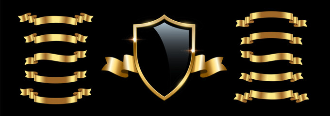 Black glass shield with gold ribbons set of different shapes, 3d glossy insignia or prize - obrazy, fototapety, plakaty