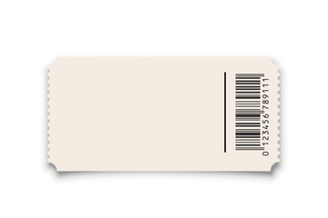 Theater, cinema ticket realistic vector template. Coupon, discount voucher mockup. Movie, raffle, carnival blank ticket with barcode and text space. Concert, event, festival paper admit layout