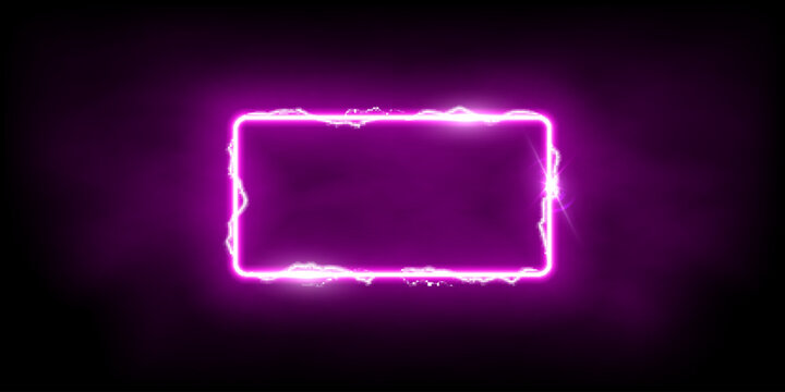 Magic purple rectangle of thunder storm pink lightnings. Magic and bright light effects electric border. Plasma frame with thunderbolt electricity lightning power effect on dark fog background