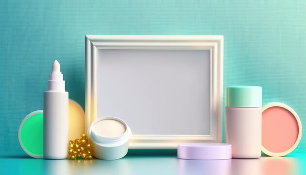 Bright colored minimal showcase scene with empty clean frame with copy space and beauty cosmetic products. AI generative image.