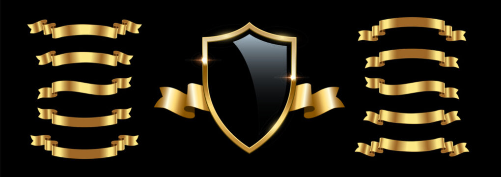 Black glass shield with gold ribbons set of different shapes, 3d glossy insignia or prize