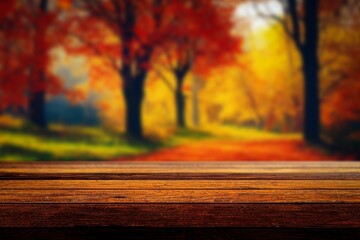 Naklejka na ściany i meble Wooden table against an autumn forest background