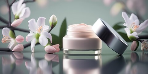 Obraz na płótnie Canvas Organic cosmetic cream on background with spring flowers and leaves. Showcase of eco friendly cosmetic. Horizontal banner. Wellness concept. AI generative image.