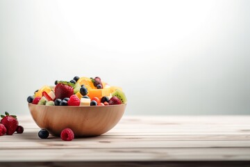 Wooden bowl with fruit salad on a white background. Generated ai.