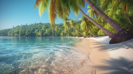 Beautiful and peaceful sea sandy coast, sunny summer beach panoramic scene with palm trees, outdoor background. Vacation time. Horizontal pc splash screen. AI generative image.