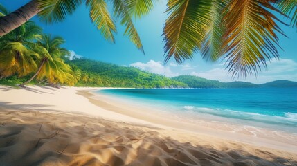 Obraz na płótnie Canvas Beautiful and peaceful sea sandy coast, sunny summer beach panoramic scene with palm trees, outdoor background. Vacation time. Horizontal pc splash screen. AI generative image.
