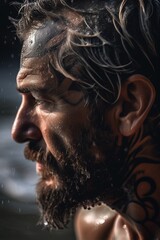 closeup of a tatooed man with wet skin - ai-generated