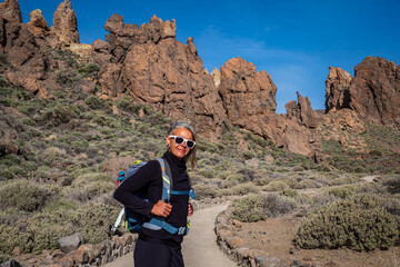 Female hiker hiking the beautiful Teide national park in Tenerife