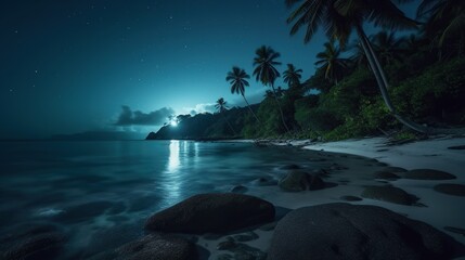Fototapeta na wymiar Breathtaking view of beautiful beach coast with palm trees at night. Moon light glowing. Silhouette of tropical island. Summer nature outdoor background. AI generative image.