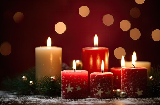 Burning candle and Christmas decoration over snow and wooden background. Generative Ai.