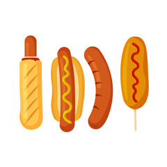 Hot dog set. Fast food icon. Design element for your poster, web page, menu, brochure, flyer. Vector illustration in trendy flat style isolated on white background.