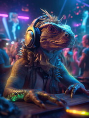 Funny iguana dj at the night club party. Lizard disc jokey illustration. AI generative image.