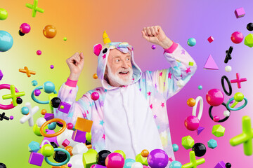 Creative colorful collage of aged man playing high technology futurism game choose unicorn avatar...