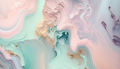 Fototapeta premium Beautiful abstract soft colored wavy background with pastel pink, gold and pale green colors. Paint swirls like a marble texture. Modern art background. AI generative image.