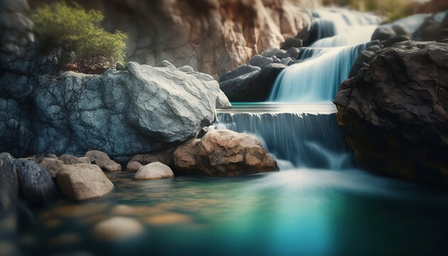 Beautiful outdoor nature landscape with waterfall and stones. Summer background with copy space. AI generative image.