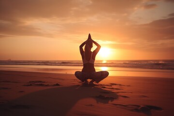 silhouette of a woman in sunrise doing yoga - ai-generated