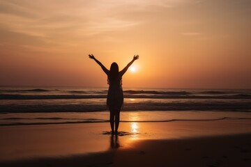 Fototapeta na wymiar silhouette of a woman on the beach praising life - ai-generated