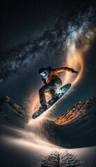 Obraz na płótnie Canvas Snowborder doing trick on amazing starry night sky. Winter background, extreme sport. Vertical splash screen template. AI generative image.