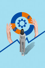 Photo poster template collage crypto investor entrepreneur woman business deal crypto market growing mechanism isolated on blue background