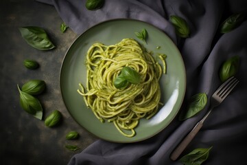 Pesto Spaghetti, Green Sauce Basil Pasta, Traditional Italian Spaghetti, Abstract Generative AI Illustration