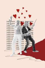 Template photo collage of two old seniors lovers housework cleaning home dance have fun sympathy live all life isolated on beige background