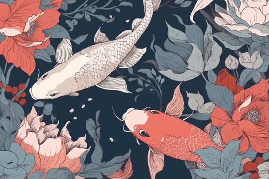 Seamless vector floral pattern background with hand drawn koi fish, tropical japanese flowers, branches.Traditional oriental, minimalistic Japanese style. Generative AI