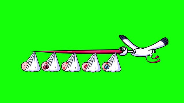 Cartoon long bill stork bringing quintuplets animation isolated. Big bird flying character good for any film material seamless loop on clouds background.
