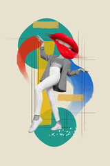 Vertical photo collage of headless absurd caricature tempting girl bite lips dancing elegant lady...