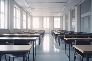 Empty classroom, Blurred school classroom without students with empty chairs and tables