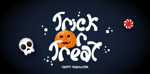 Halloween Trick or Treat banner with pumpkin, skull and many at spooky background. Vector illustration for sale, voucher, party invitation, kids, greeting card, discount, website, social media, poster