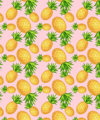 pineapple pink summer pattern. Colorful hand drawn patchwork flat cartoon seamless pattern. Handmade patch work quilt style background for textile concept or fun modern backdrop design.