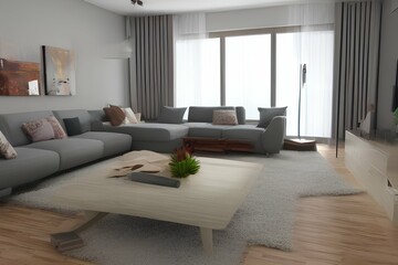 Living room interior with comfortable sofa , carpet and plant - generative ai
