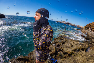 Female free diver going snorkelling in the Canary Islands