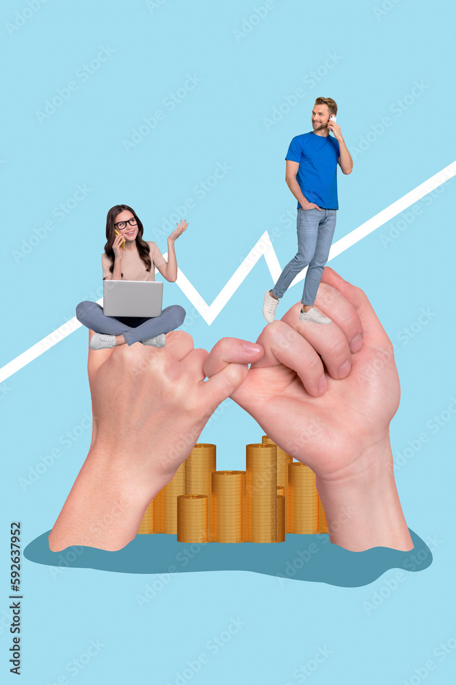 Aufkleber collage 3d pinup pop retro sketch image of busy lady guy signing working contract isolated painting 