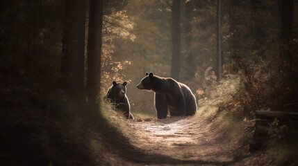 Brown bear with bear cub wandering in the forest woods, generative AI
